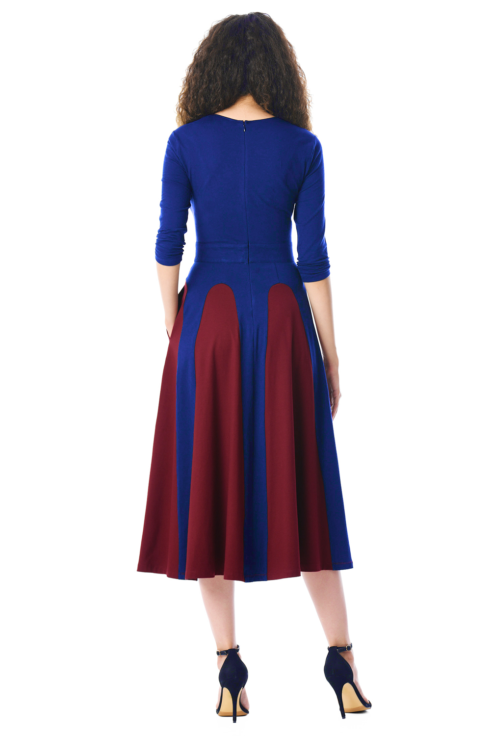 BY610383-3 Color Block  Sleeve Round Neck Midi Dress